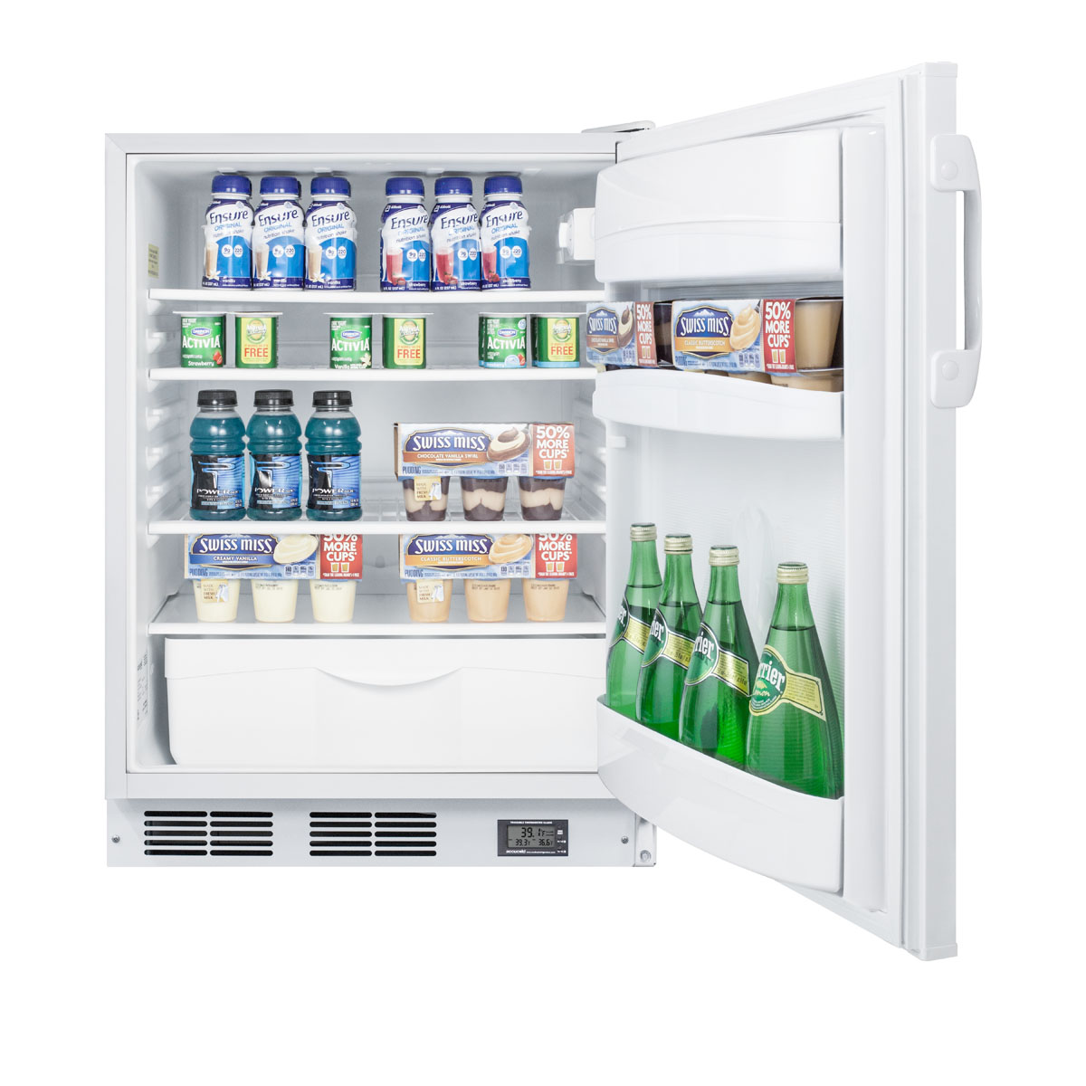 Commercially approved ADA compliant Nutrition Center series all-refrigerator in white for built-in or freestanding use, with front lock and digital temperature display